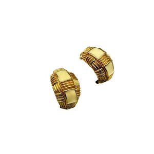 Vintage David Hill Clip On Earrings Gold Tone & Cream Woven Design